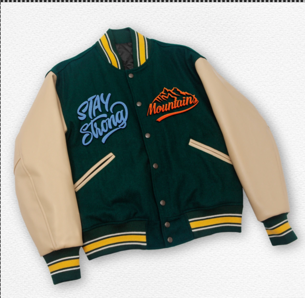 Green and cream varsity jacket with Felt Edge patches